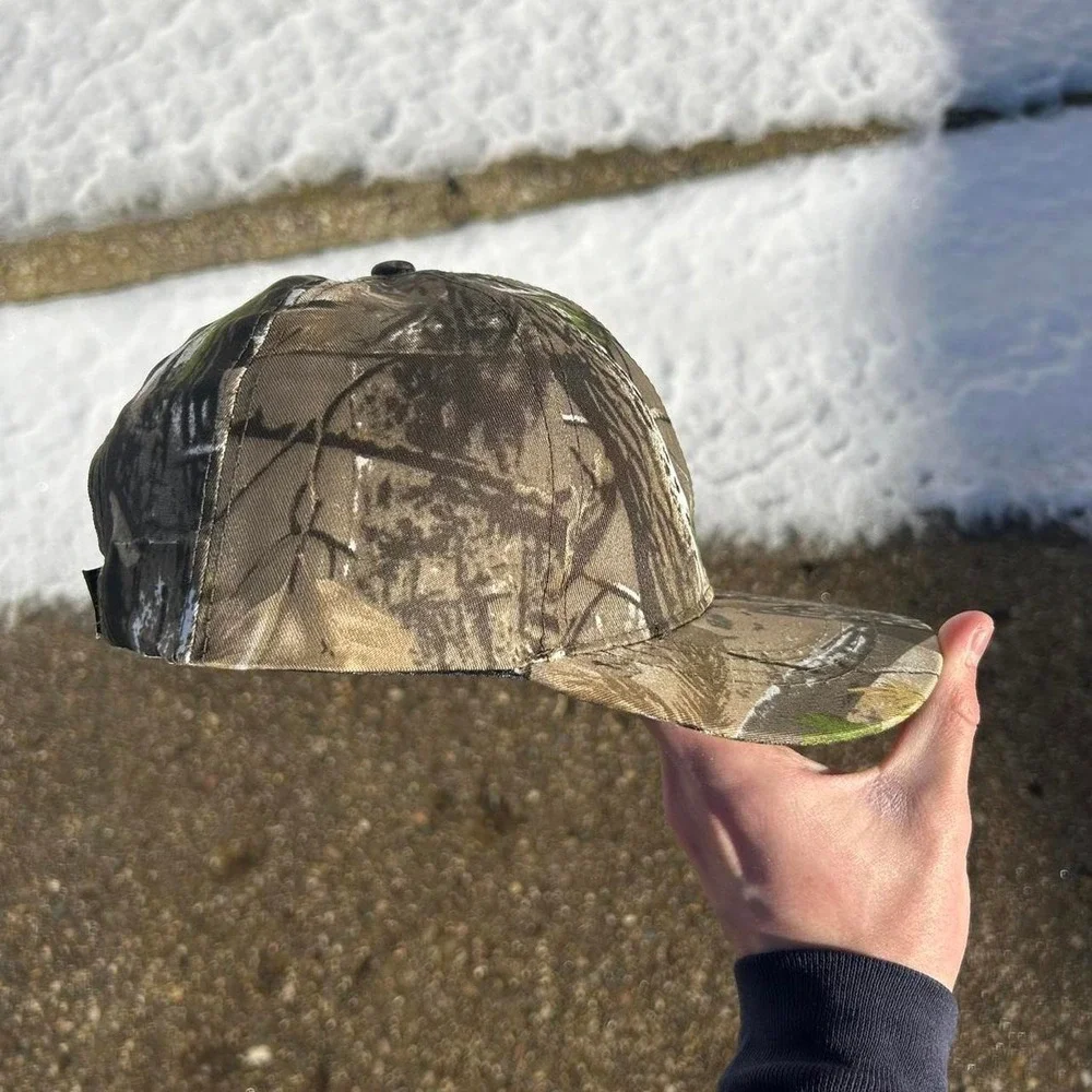 Vintage camo real tree hat cap strap back brown cyber grunge